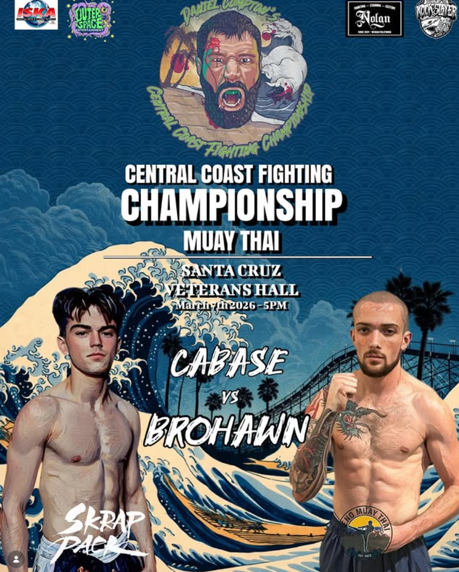 Event poster for Central Coast Fighting Championship Muay Thai match at Santa Cruz Veterans Hall on March 4, 2026, at 5 PM. Features fighters Cabase and Brohawn, with images of two shirtless fighters, one with a tattoo on his chest, and a background 