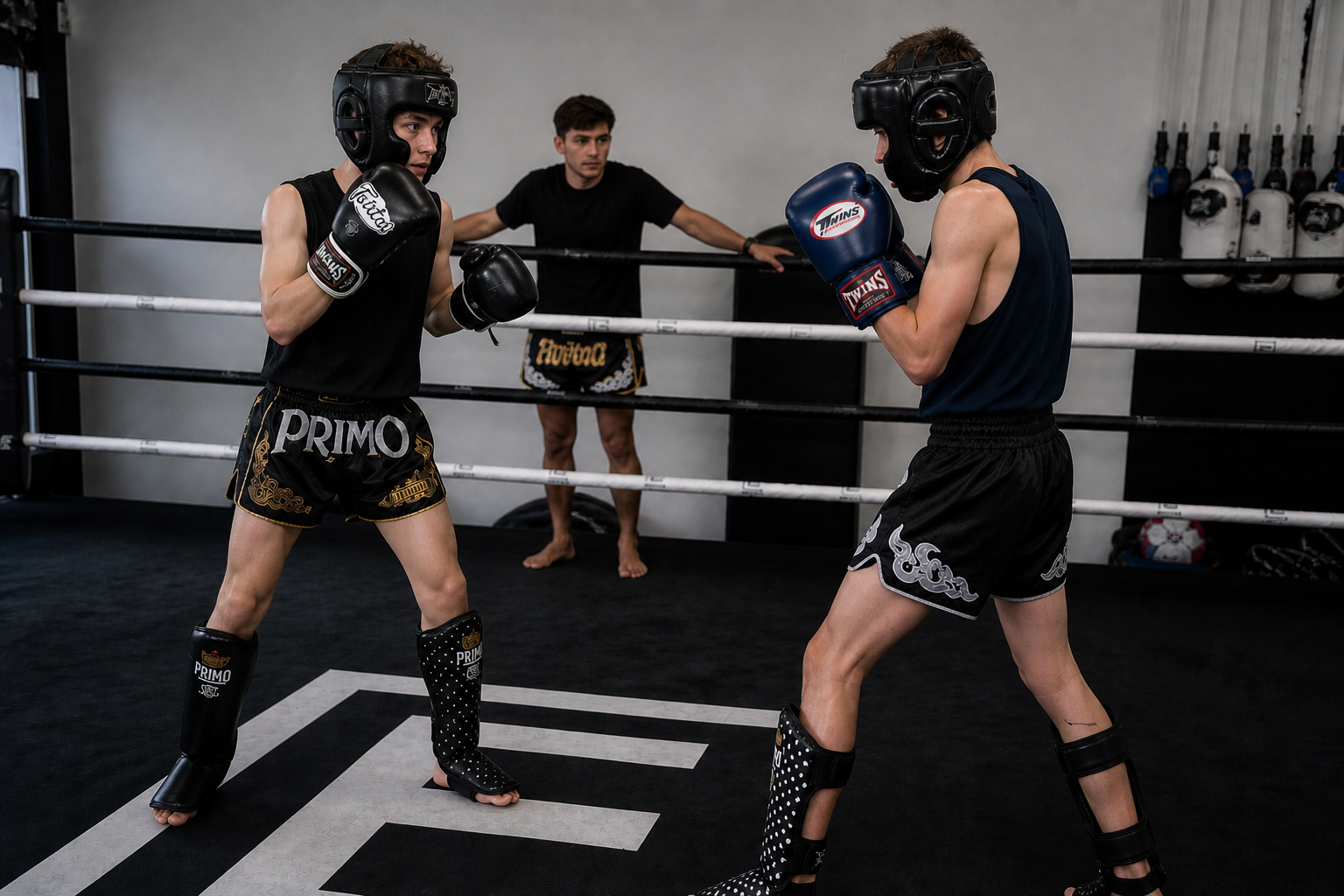 Two young men are sparring in a boxing ring with gear and shorts, while a third man watches in the background.