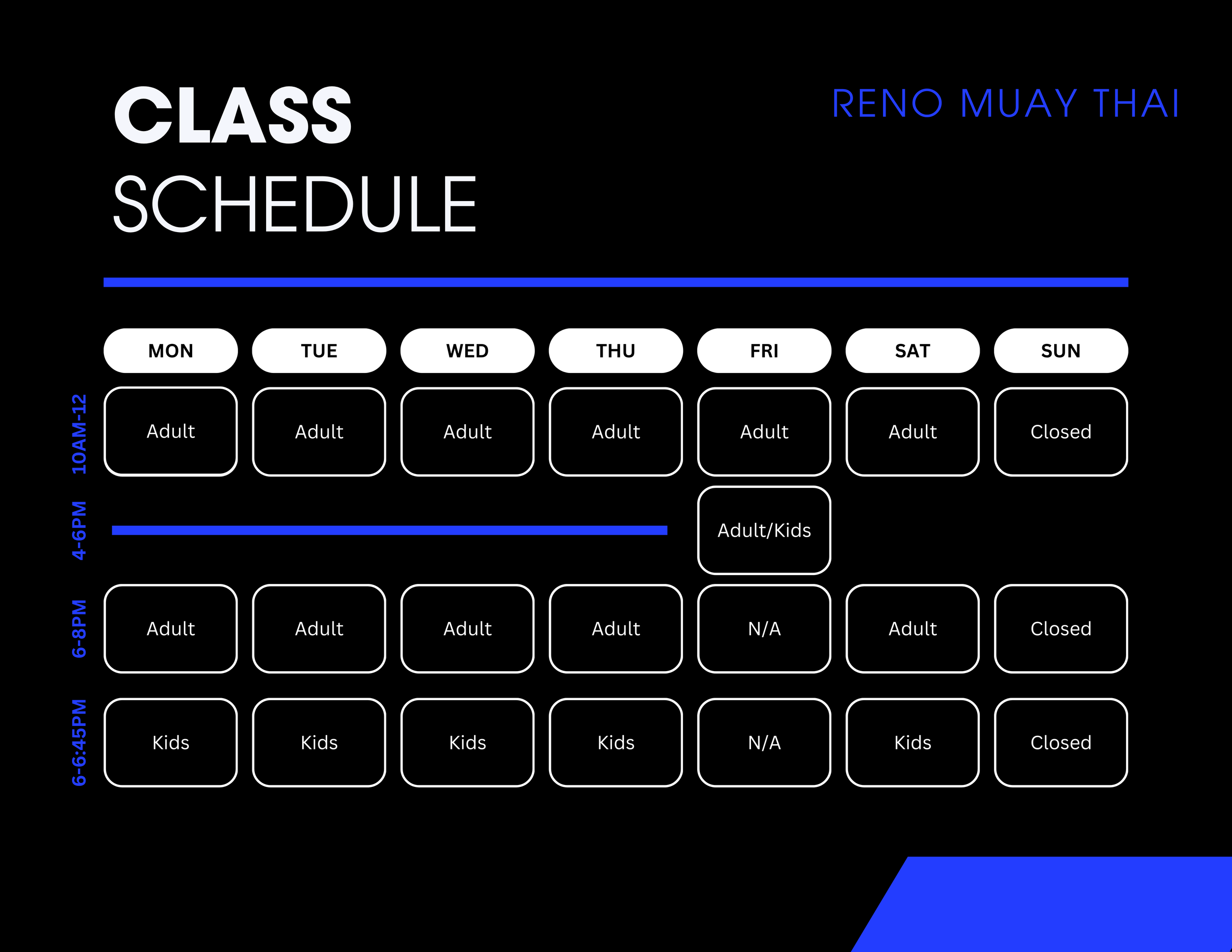 Weekly class schedule with time slots color-coded for different activity types, including adult and kids classes, with days of the week listed.