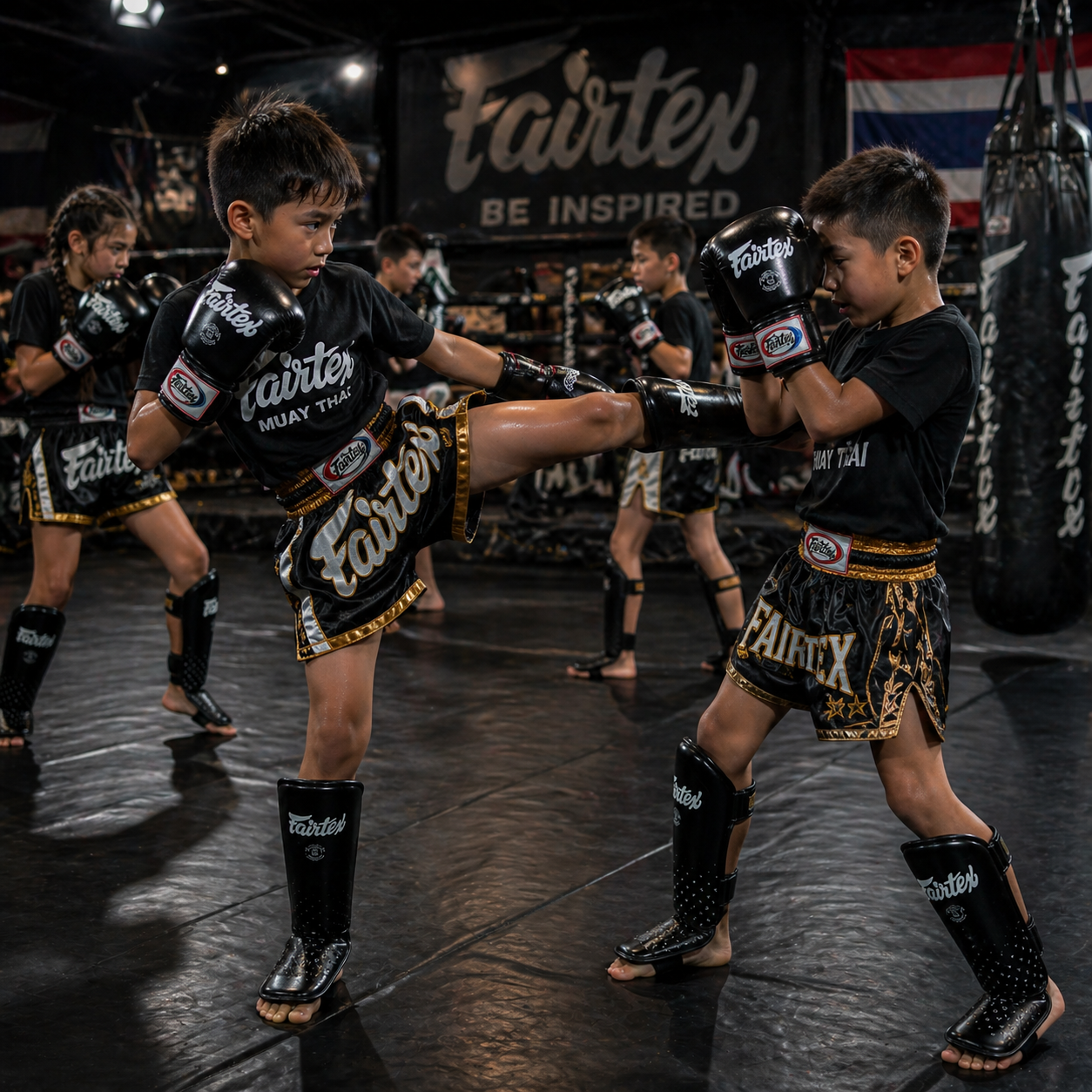 Young martial arts students practicing Muay Thai kicks in a training gym, wearing black training gear with 'Fairtex' branding, and surrounded by training equipment and a Thai flag.