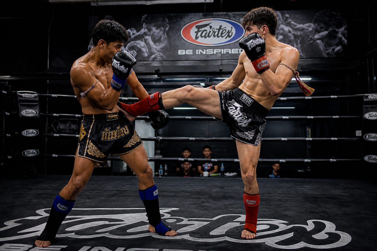 Two male Muay Thai fighters sparring in a boxing ring with one executing a high kick, while the other blocks it. Both wear boxing gloves, shorts, and ankle wraps. In the background, three people are sitting at a table watching the fight. The ring has
