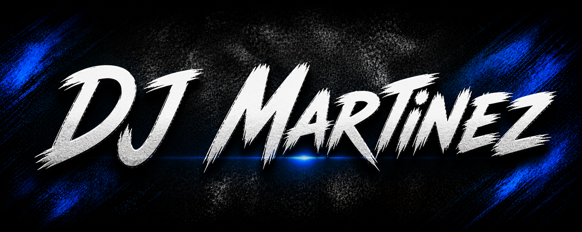 Stylized digital art image with the name 'DJ MARTINEZ' in bold, aggressive white text with black outlines, set against a dark, textured background with blue highlights.