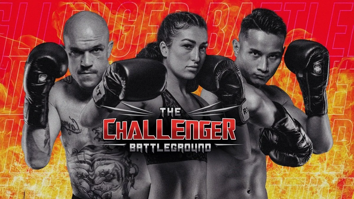Three fighters posing with fists raised in a fighting stance, with a fiery background and the text 'The Challenger Battleground' in the center.