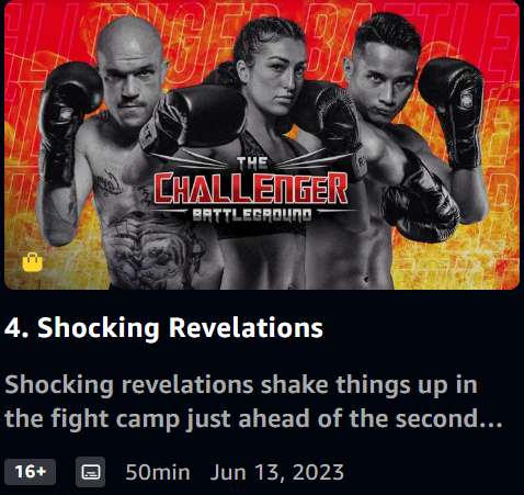 Poster for the reality TV show 'The Challenger: Battleground' featuring three fighters wearing boxing gloves, with a fiery background and the show's logo.