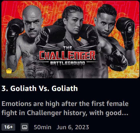 Promotional poster for a boxing match titled "Goliath Vs. Goliath" featuring three female fighters in boxing gloves and gear, with a fiery red background and the text "The Challenger Battleground."
