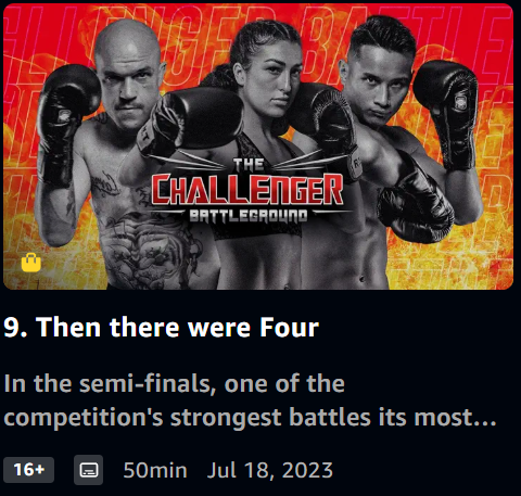 Poster for the TV show 'The Challenger Battleground' featuring three boxers with black gloves posing, with a fiery red and yellow background.