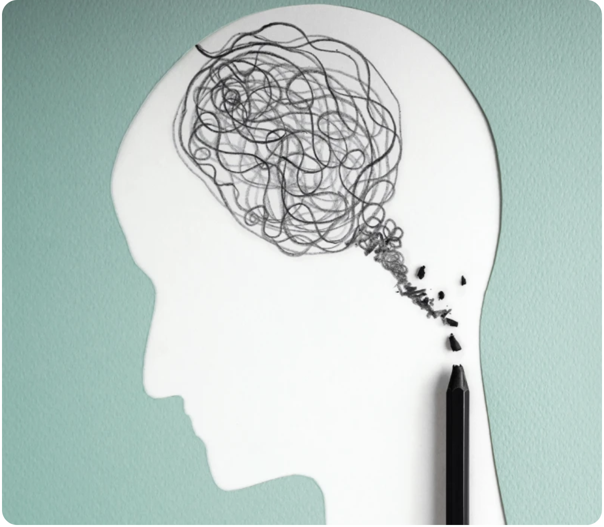 A stencil of a human head silhouette with a tangled scribble representing a brain, and a black marker drawing a line from the brain to the back of the head where small black fragments are shown.