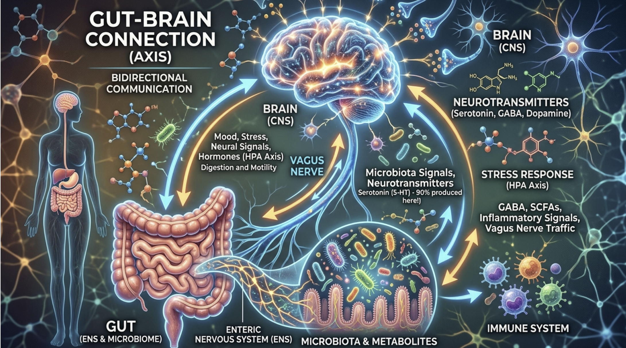 Diagram illustrating the gut-brain connection showing the gut, enteric nervous system, microbiota, and brain with neurotransmitter pathways, microbiota signals, and Vagus nerve connecting them.
