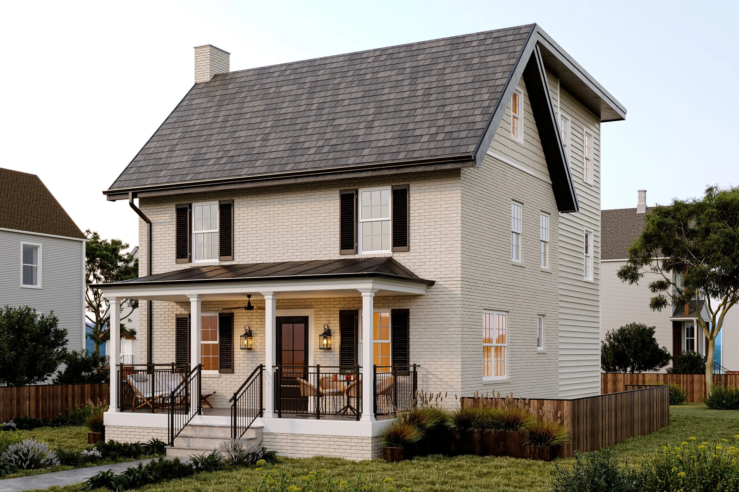 A multi-story house with a gray shingle roof, white brick exterior, and black shutters on the windows. The house features a front porch with white columns, black railing, and outdoor lighting fixtures. There is a landscaped yard with grass, plants, and a walkway leading to the stairs.