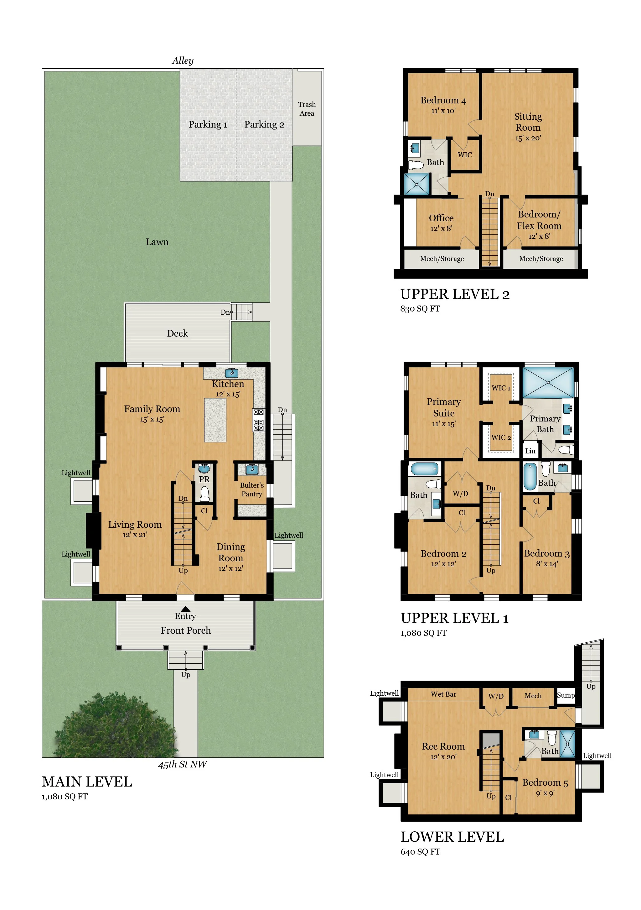 Floor plan of a house with main level, upper level, and lower level layouts. Main level includes front porch, entry, living room, dining room, kitchen, deck, lawn, and garages. Upper levels feature bedrooms, bathrooms, offices, storage, and walk-in closets. Lower level has recreational space, bedrooms, bathrooms, and mechanical rooms.