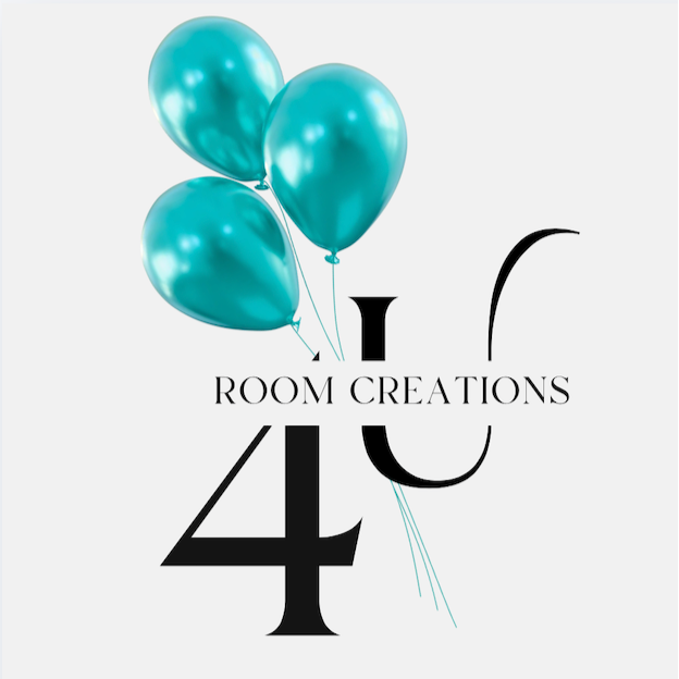 Three turquoise balloons floating above the text '174' and 'Room Creations' in black and white.