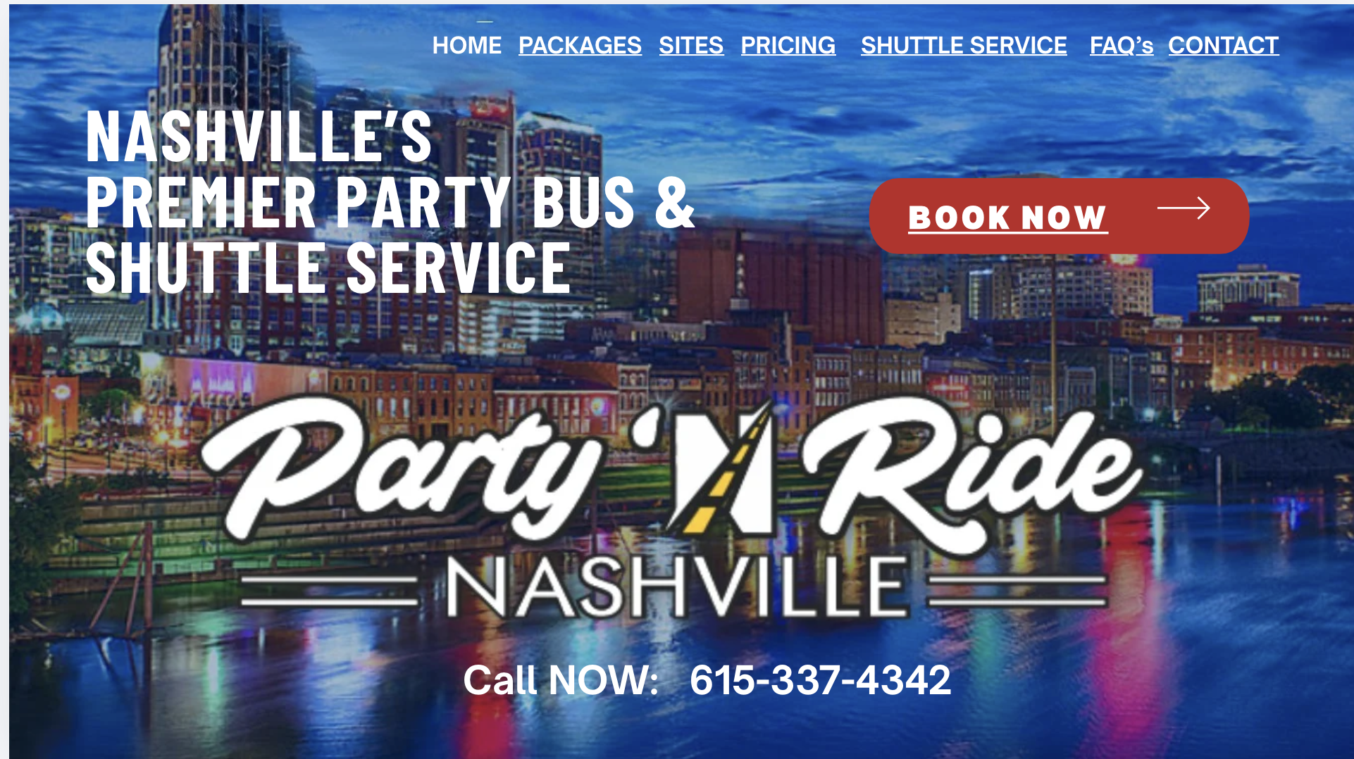 Night view of downtown Nashville with city lights reflecting on the river, promotional website banner for Party 'N Ride Nashville, offering bus and shuttle services with a red "Book Now" button and contact phone number.