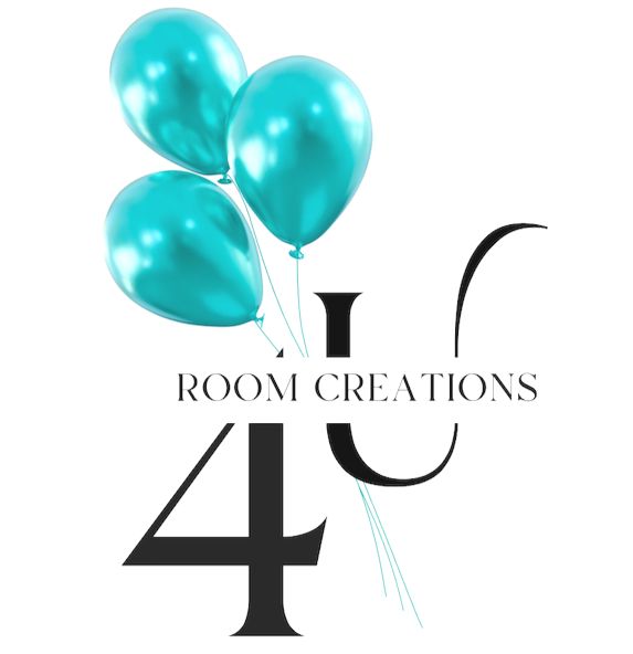 Three teal balloons floating above black text that reads 'Room Creations' with a large number 4 and a stylized letter U.