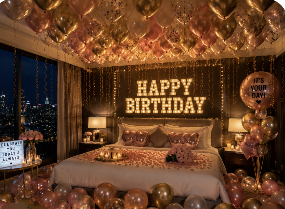 A bedroom decorated for a birthday celebration with lots of pink, gold, and rose gold balloons, a "Happy Birthday" sign on the wall with lights, and a city skyline view through the window.