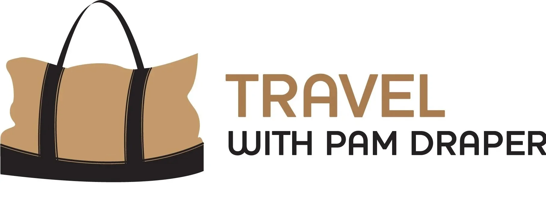 Logo of a travel brand featuring a stylized brown and black duffel bag with text 'Travel with Pam Draper' written next to it.