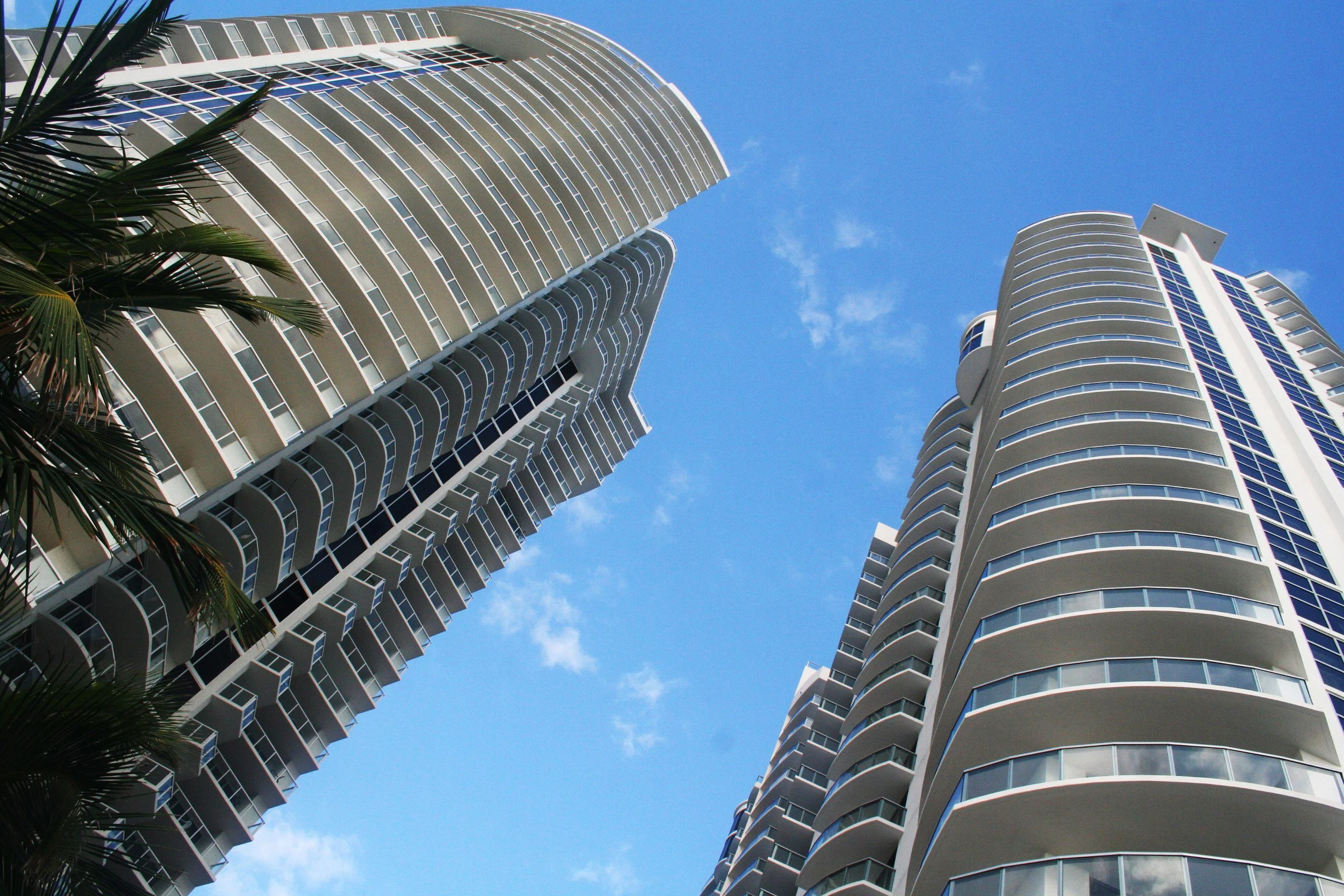 Two modern high-rise buildings with curved balconies against a blue sky, with palm tree leaves visible in the left foreground.