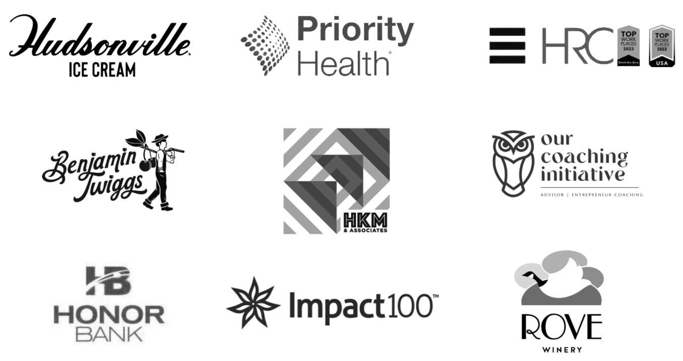 A collection of nine black-and-white business logos, including Hudsonville Ice Cream, Priority Health, HRC, Benjamin Twiggs, HKM & Associates, Our Coaching Initiative, Honor Bank, Impact 100, and Rove Winery.