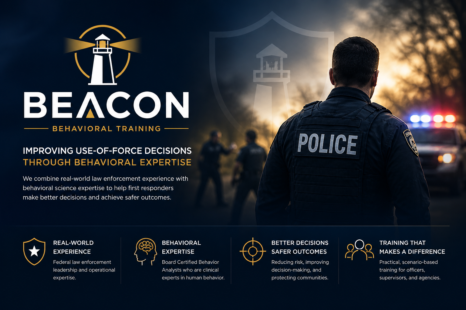 Poster for BEACON Behavioral Training, showing a police officer with his back to the camera, officers in the background, and a police vehicle with flashing lights, emphasizing law enforcement and behavioral expertise.