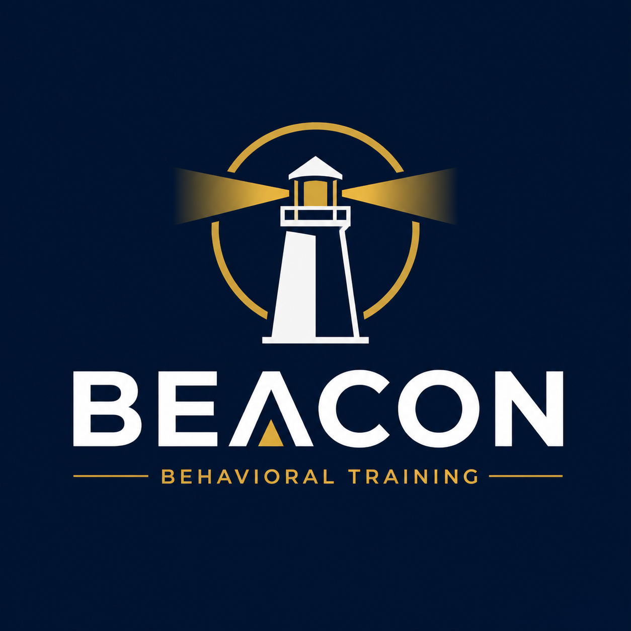 Logo for Beacon Behavioral Training featuring a lighthouse with beams of light and the words Beacon and Behavioral Training.