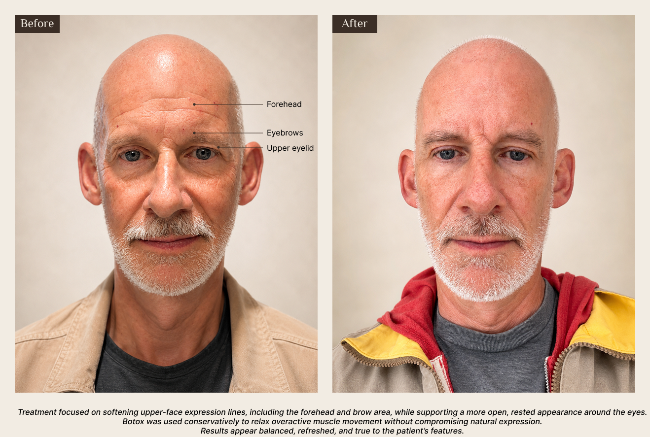 Before and after injectable treatment showing softened expression lines and a refreshed appearance