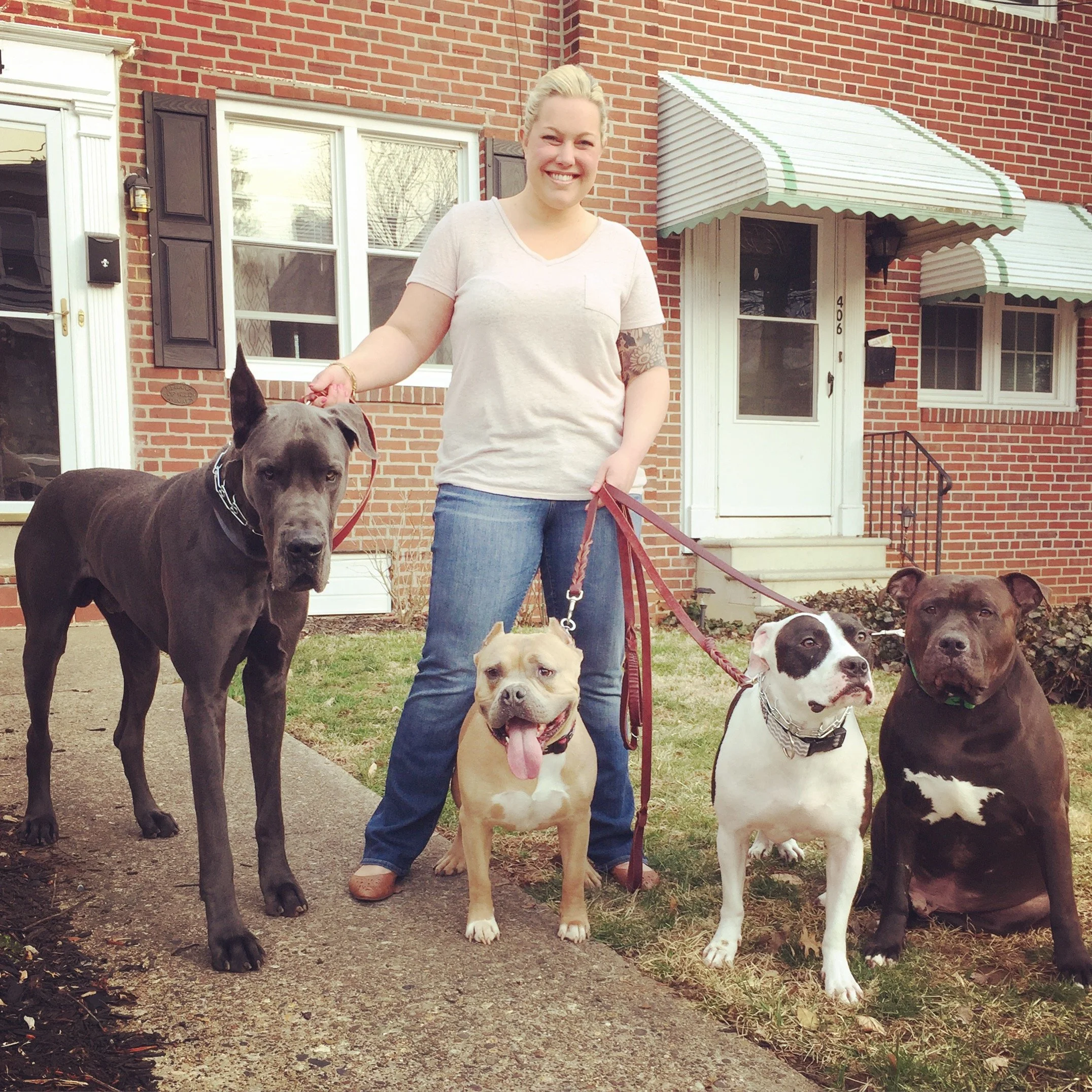 A woman standing outside in front of a brick house with windows and a door, holding the leashes of several dogs of various breeds and sizes, all together on the sidewalk.