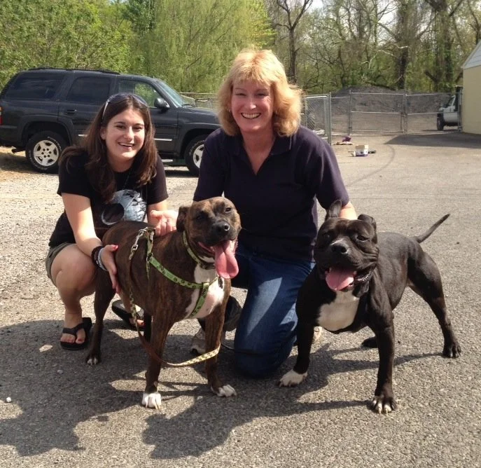 A woman and a young girl kneel outside on gravel, smiling with two happy dogs. The background features a black vehicle, trees, and a fenced area.