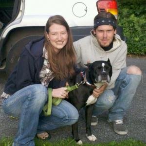 Smiling couple with a black and white dog outdoors, sitting on the ground near a vehicle.