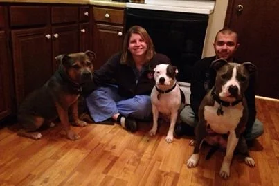 A woman and a man sitting on a wooden floor with three dogs in a kitchen with dark cabinets and a white stove.