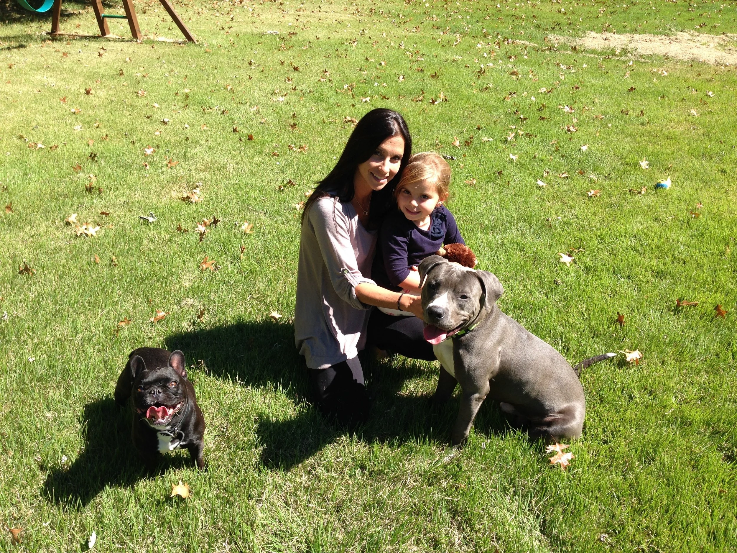 A woman and a young girl sit on grass outdoors with a gray pitbull and a black French bulldog, surrounded by fallen leaves.