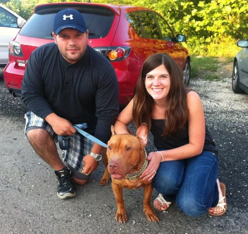 A man and woman kneeling on a gravel parking lot with a brown dog between them, parked cars, and green trees in the background.