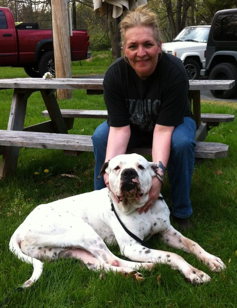 A woman smiling and crouching behind a large, white dog with black spots lying on the grass outdoors.