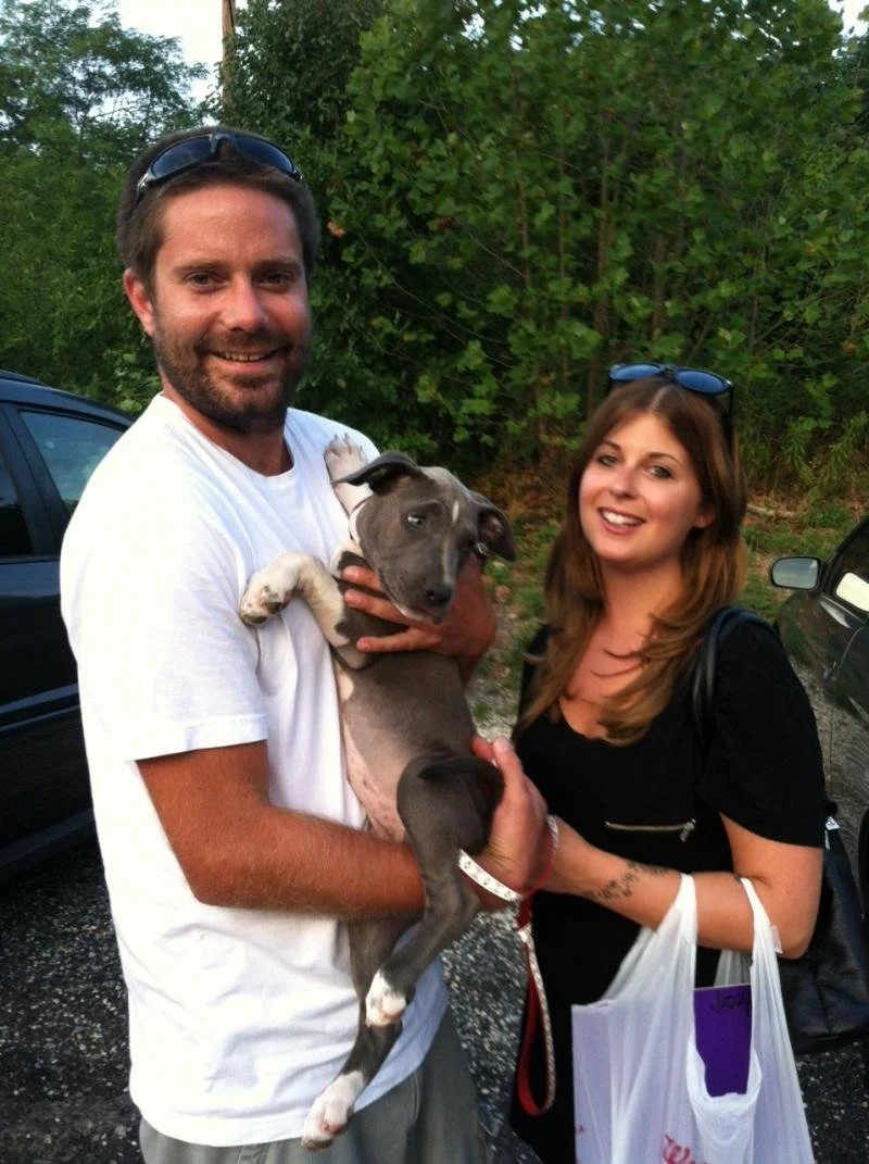 A man and woman smiling while holding a gray puppy together outdoors, with trees and parked cars in the background.
