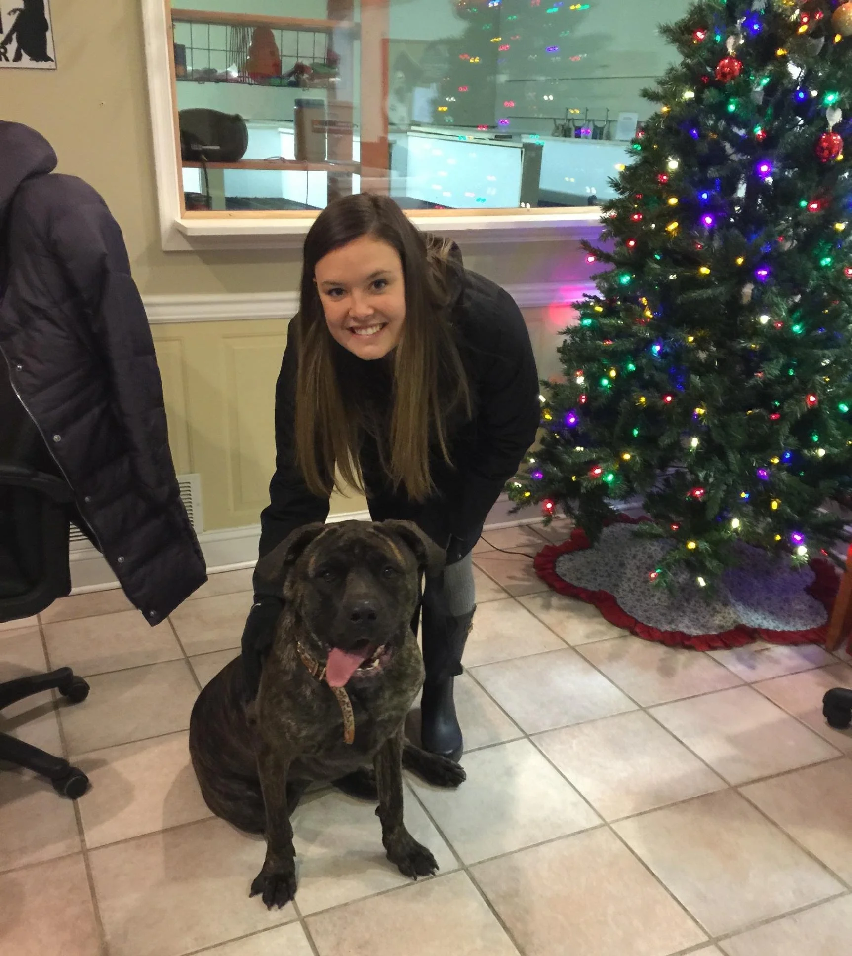A woman with long brown hair smiling and posing with a large brindle-colored dog with a pink tongue in front of a decorated Christmas tree with colorful lights. The setting appears to be indoors with tiled floors and a window showing a recording or r