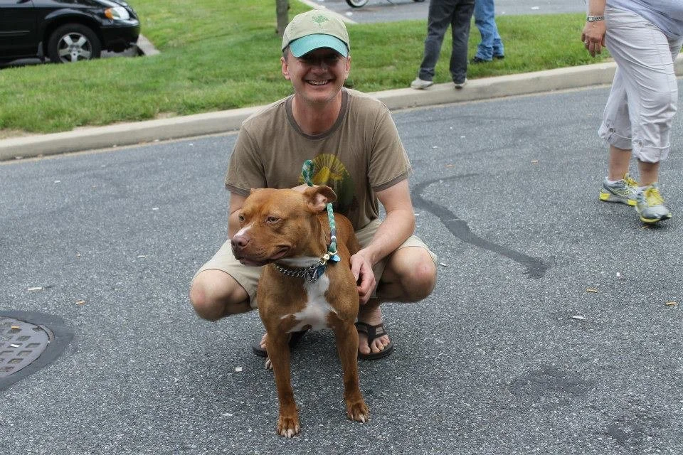 A man crouching on the street, smiling and holding a brown dog with a teal collar. The man is wearing a tan cap, a brown t-shirt, and shorts. In the background, other people and a car are visible.
