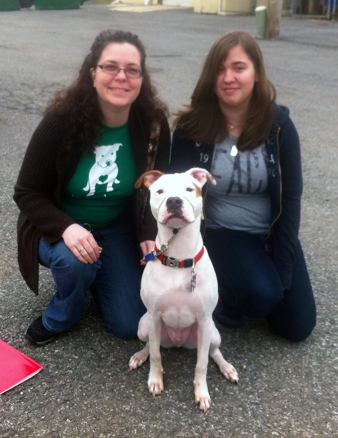 Two women kneeling on the ground next to a sitting white dog with brown spots, a large black nose, and a red collar, in an outdoor setting.