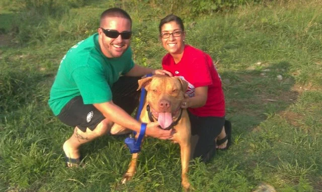 A man and woman smiling while kneeling on grass with a large brown dog with tongue out.