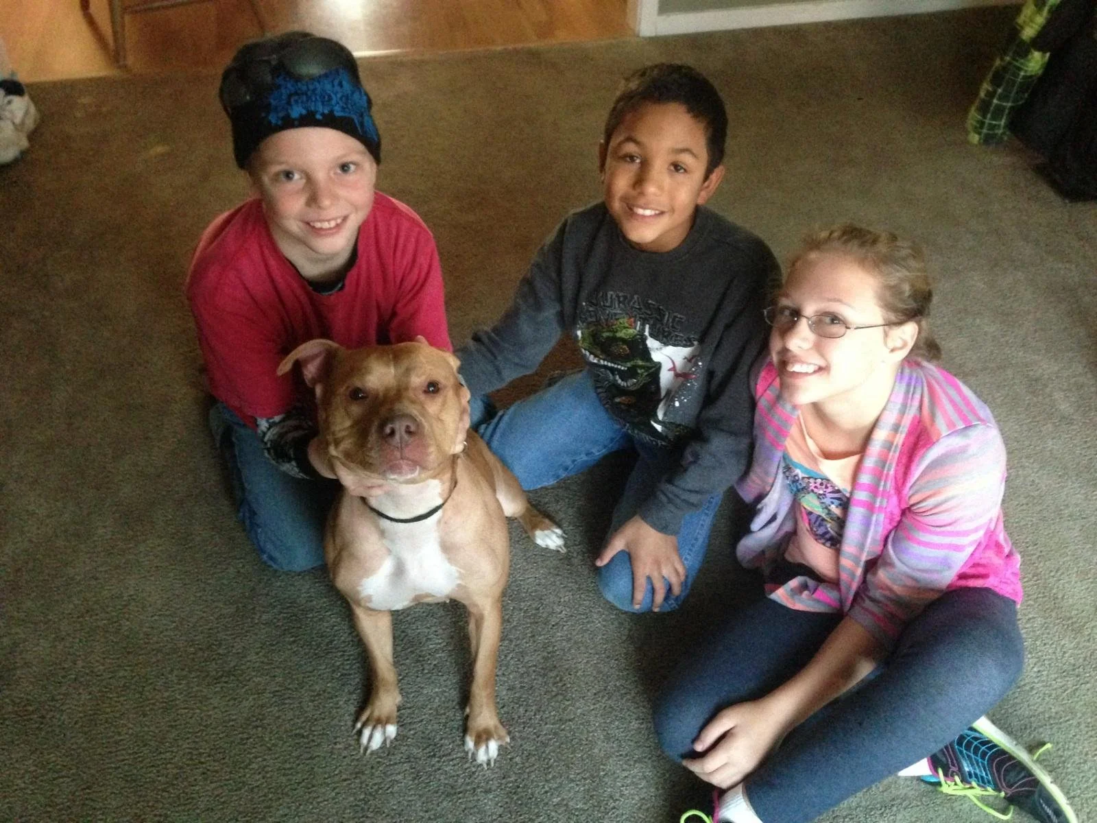Three children, two boys and a girl, sitting on the carpet with a large tan and white dog. The children are smiling and holding the dog closely.