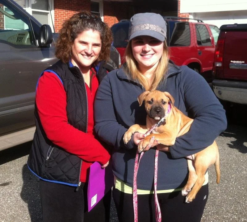 Two women holding a tan puppy in a parking lot with cars in the background.