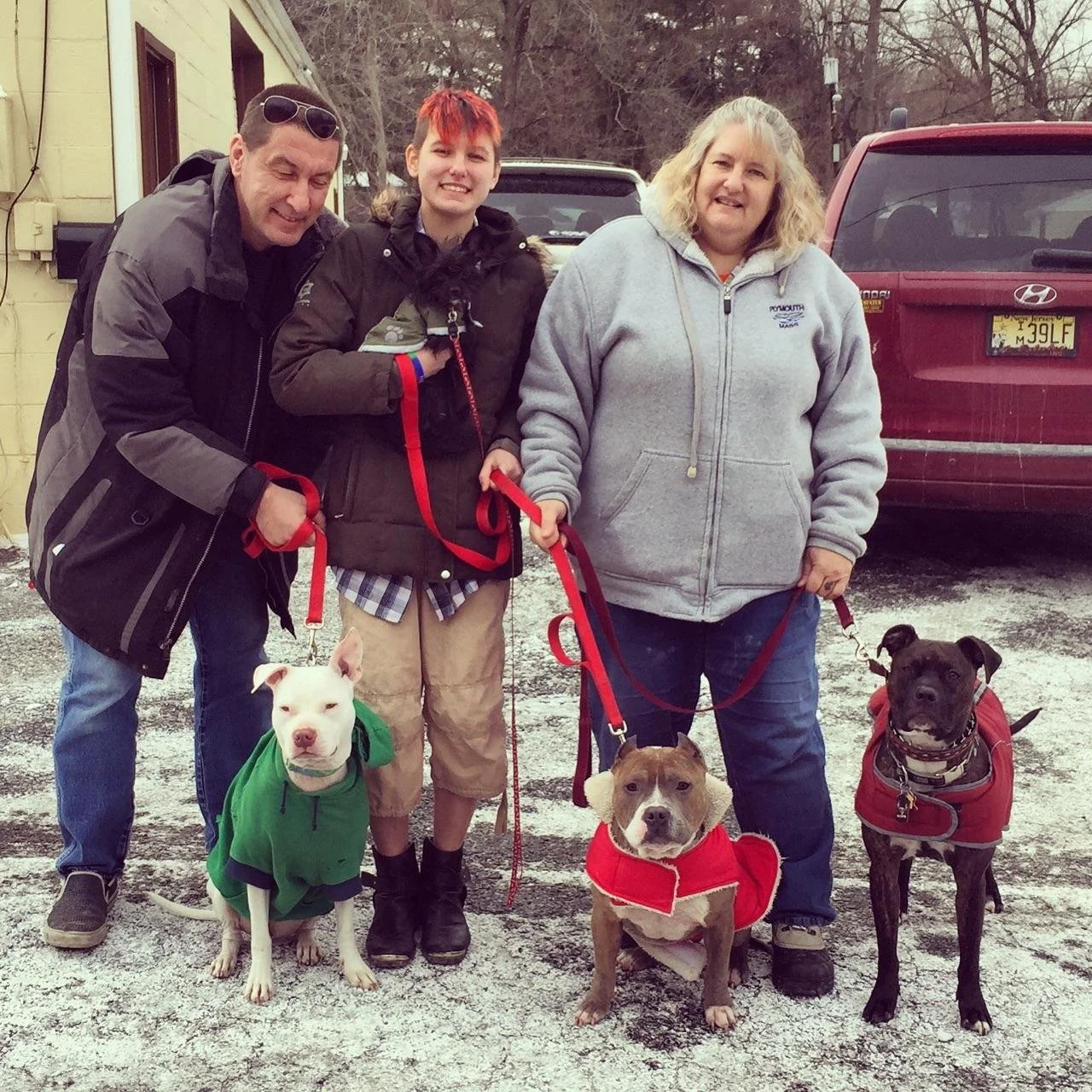 Three people and four dogs outdoors on a snowy ground, standing in front of parked cars and a house. The man on the left holds a white dog in a green jacket, the girl in the center holds a black dog, and the woman on the right holds two dogs, one in 