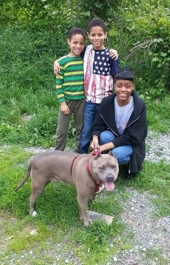 Three boys with a dog outdoors in a green, wooded area. Two boys are standing and one is kneeling, all smiling at the camera.