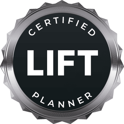 A circular badge with a black center and silver border that reads "Certified Lift Planner" in white text.