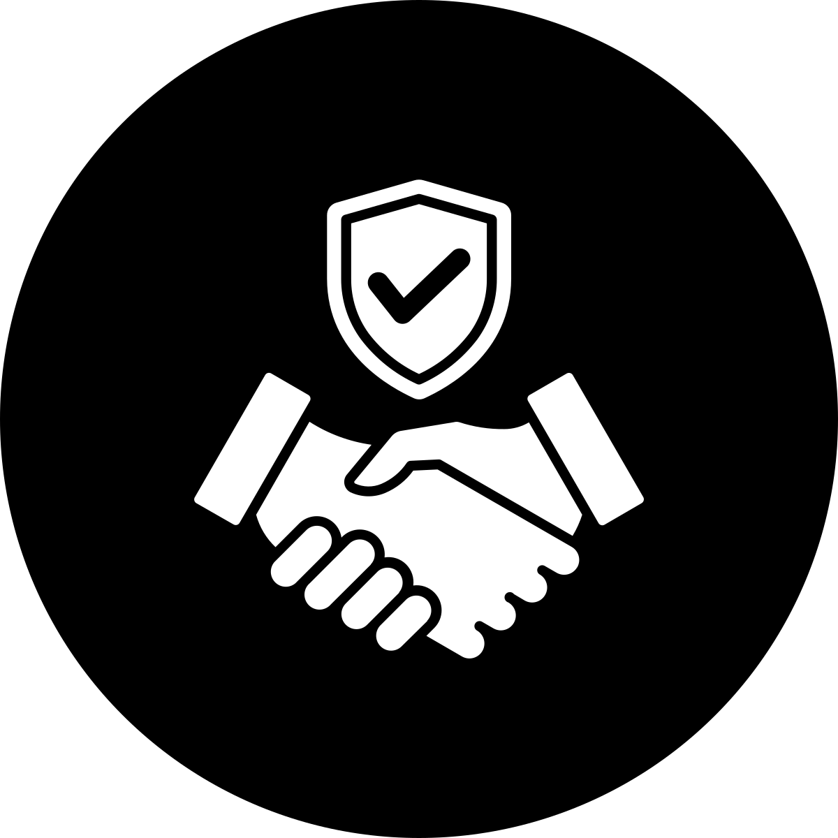 Icon of two hands shaking with a shield and checkmark above.