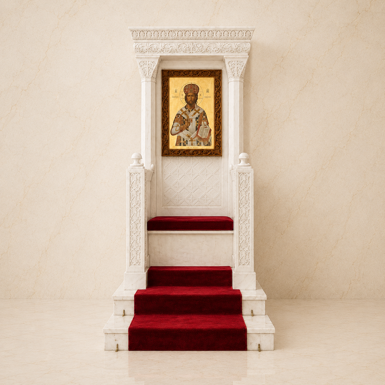 The bishop’s throne gives visible form to
the apostolic continuity of the Church,
expressing the bishop’s place within the
assembly as teacher, overseer, and
living sign of the faith received from the
Apostles. More than a ceremonial seat, it
manifes