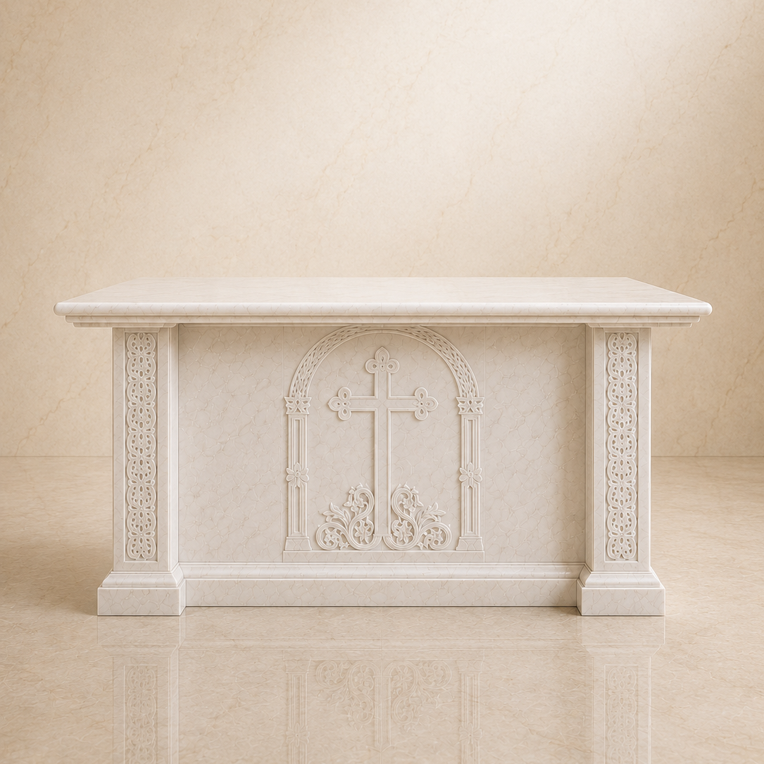 The holy table stands at the altar’s sacred center and at the heart of the Church’s worship. Here the Holy Mysteries are celebrated, and here the Church’s offering is made before God for the life of the world. Final design may vary.