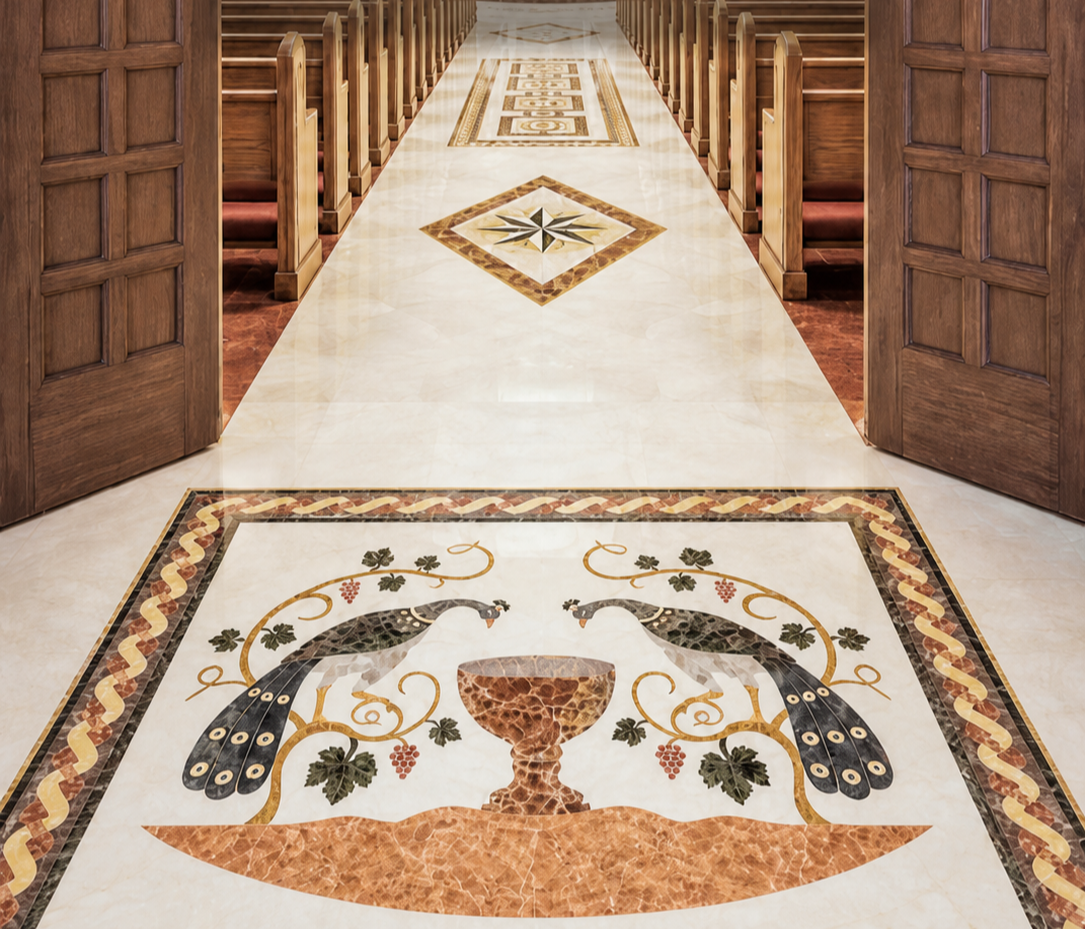 What was hidden in the ground beneath our feet is brought forthand offered back to Him, the flooring becoming the foundation on which the faithful stand and worship for generations to come. Final design may vary.