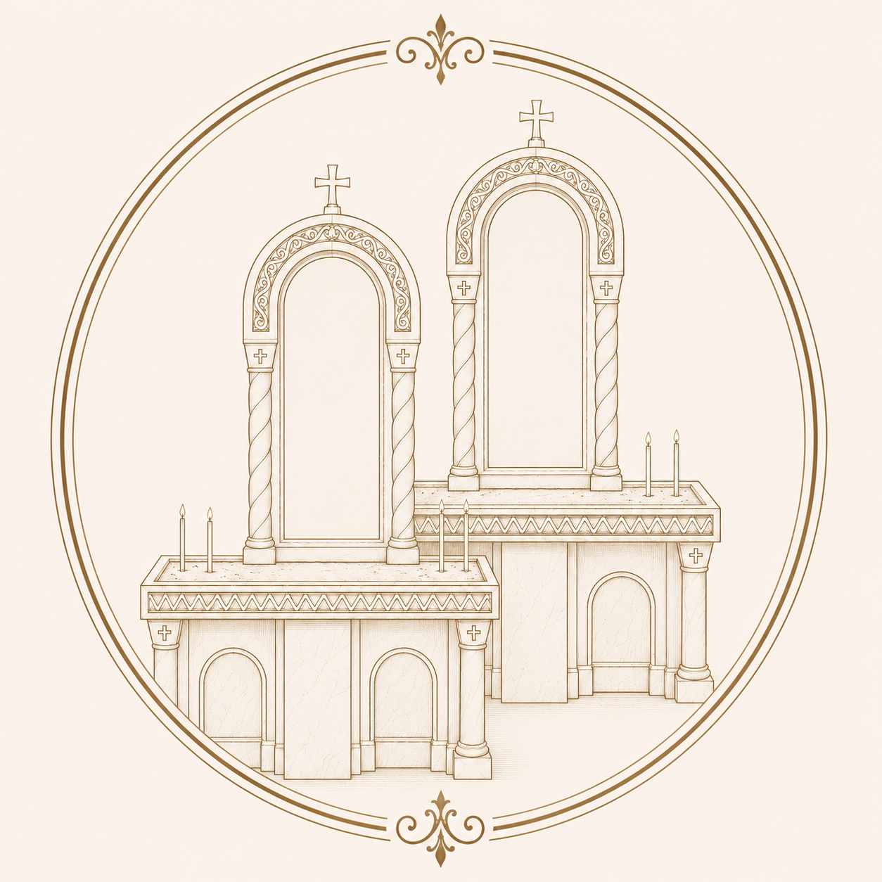 Framing the threshold from narthex to nave, a pair of devotional candlestands offer the faithful a place to venerate the holy icons and light candles. 