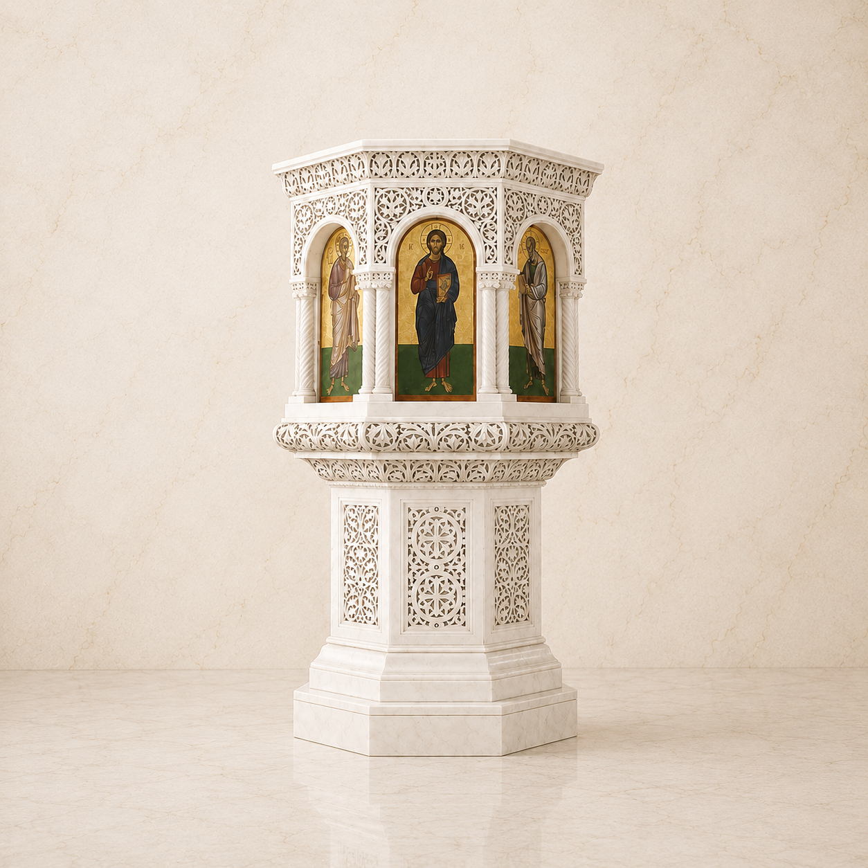 The pulpit gives appointed place to
the Church’s public preaching, setting
the Gospel and its interpretation
before the gathered faithful within the
nave. From here the Word is not
spoken privately or in passing, but
addressed openly to the assembly,