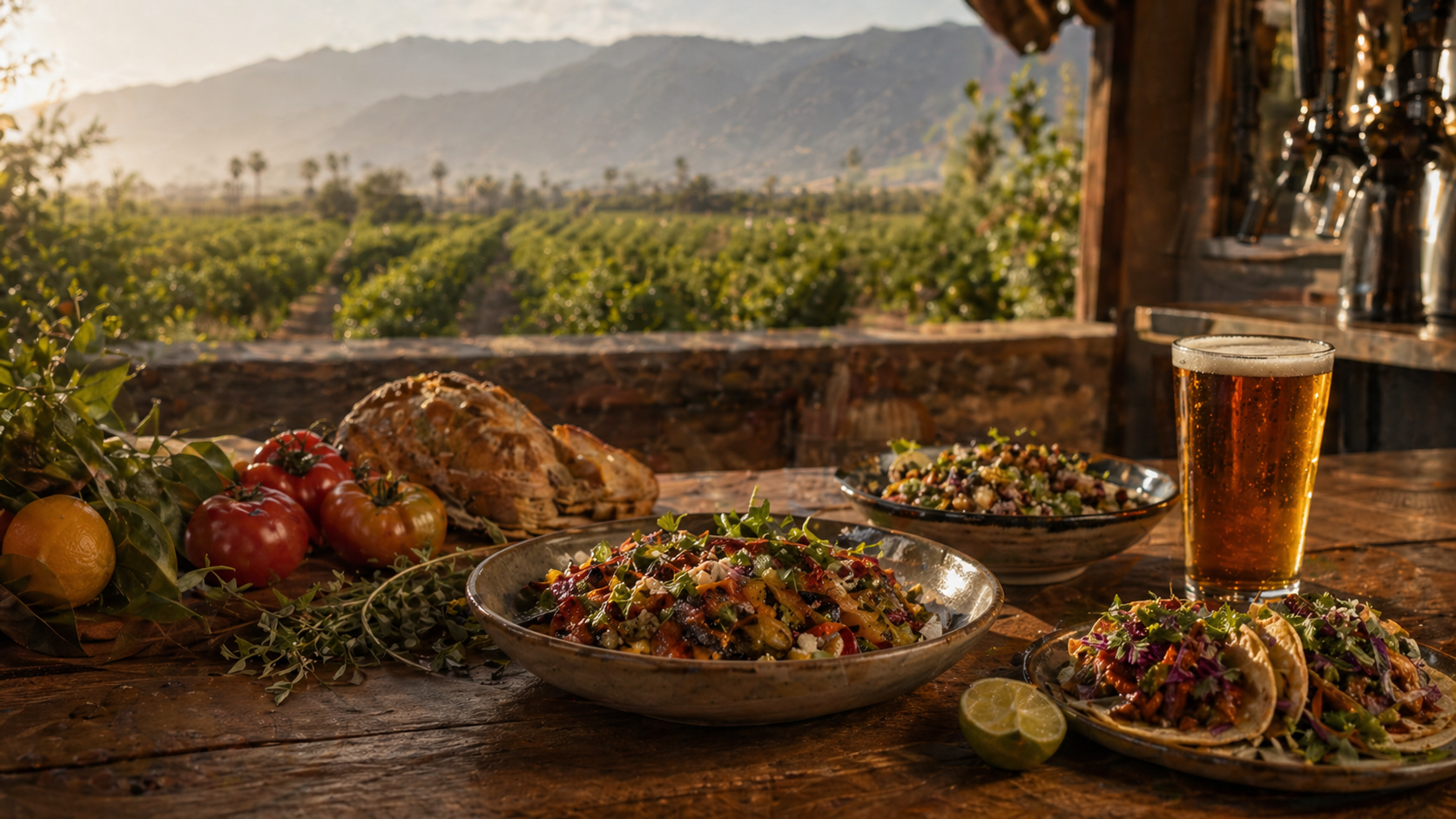 A rustic outdoor dining setup featuring bowls of colorful salads, fresh tomatoes, a lemon, and a beer on a wooden table with a vineyard and mountains in the background during sunset.