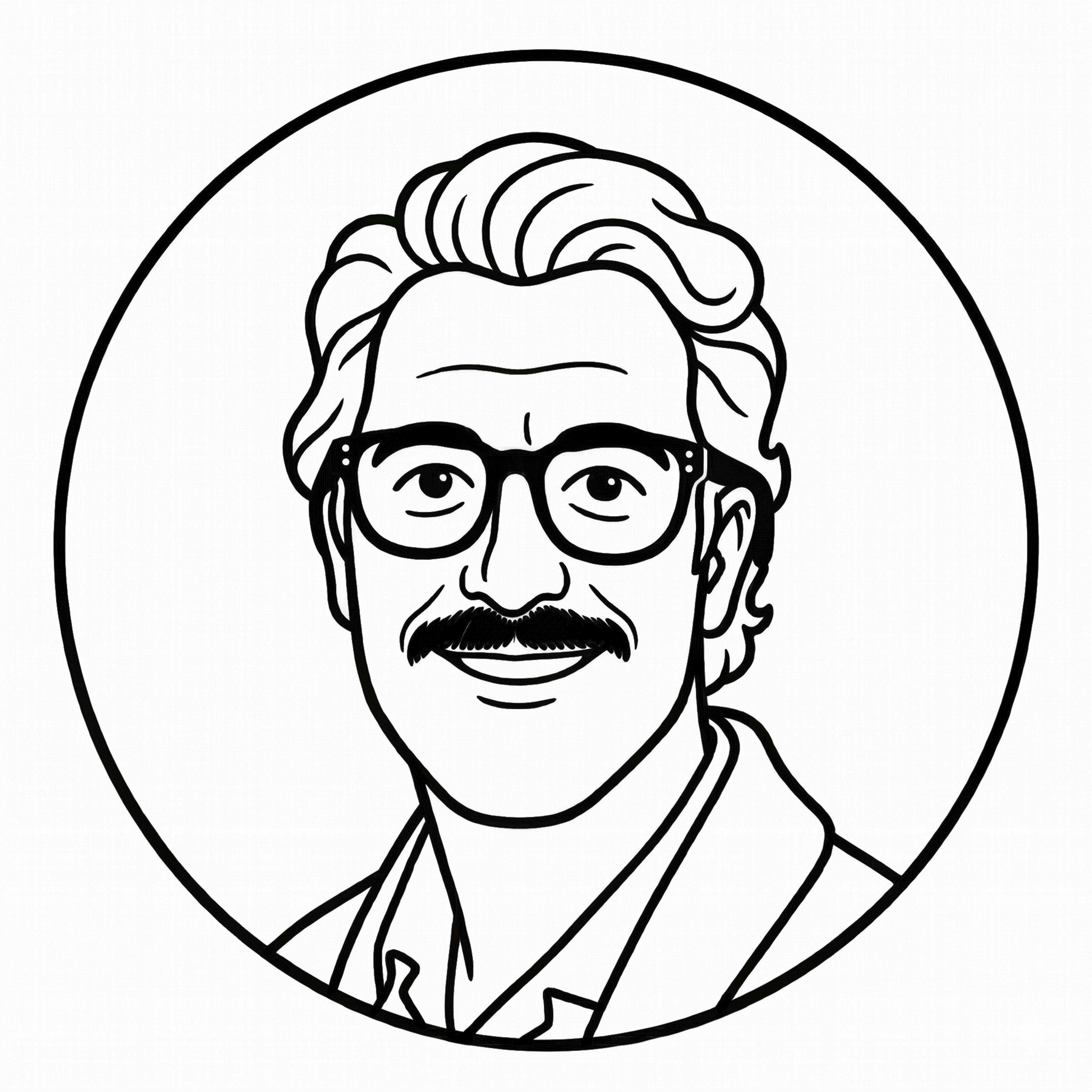 A 1950's vintage style line drawing of Dan Ball, refresh cleaning services owner face on a circular background.