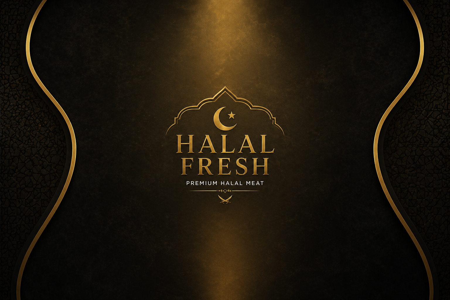 Black and gold packaging design for 'Halal Fresh,' premium halal meat, featuring gold crescent moon and star symbols with elegant gold borders and intricate patterns.
